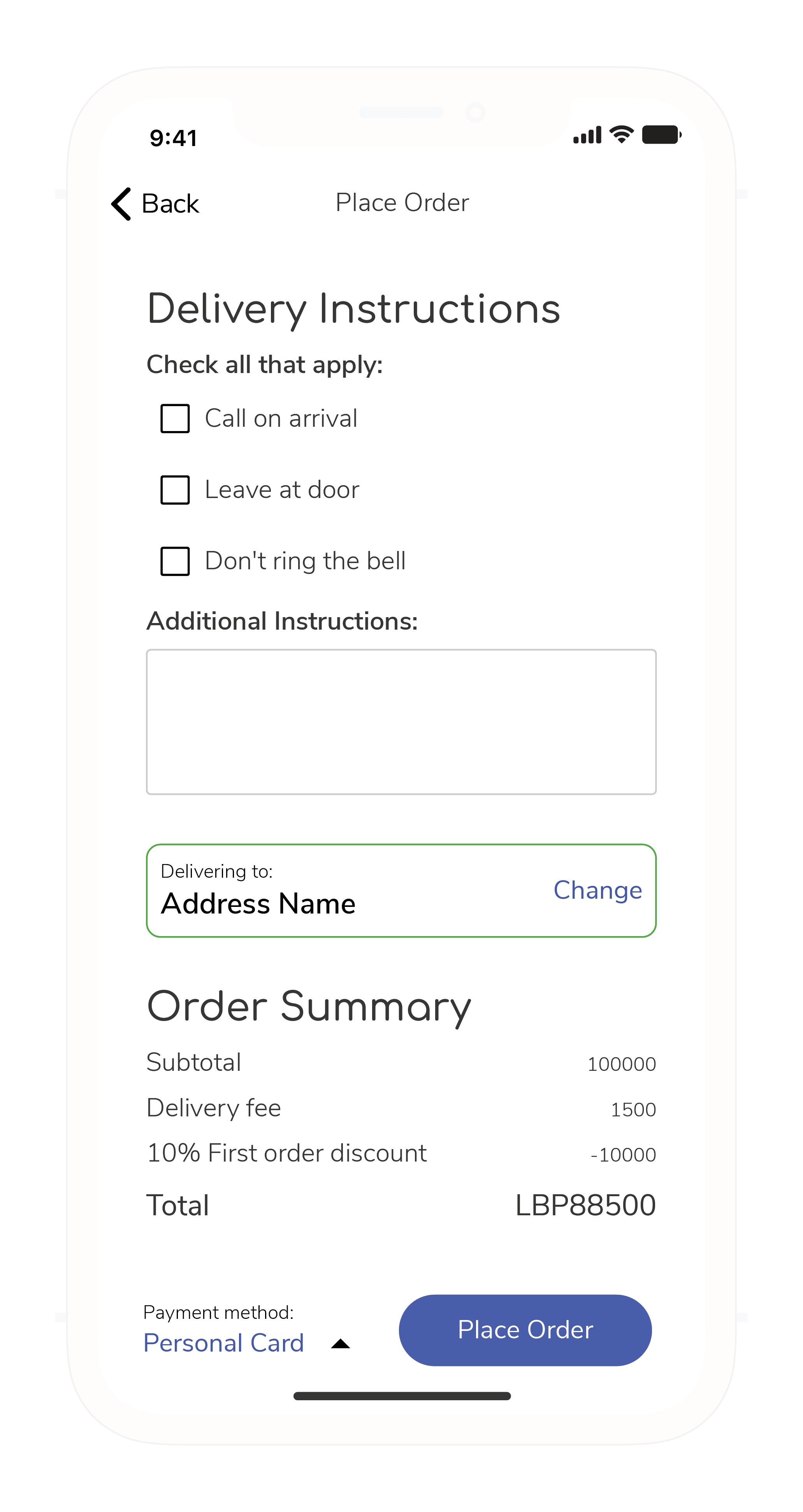 Screenshot of the Place Order screen. This page allows users to give special delivery instructions, change payment methods, and confirm their order